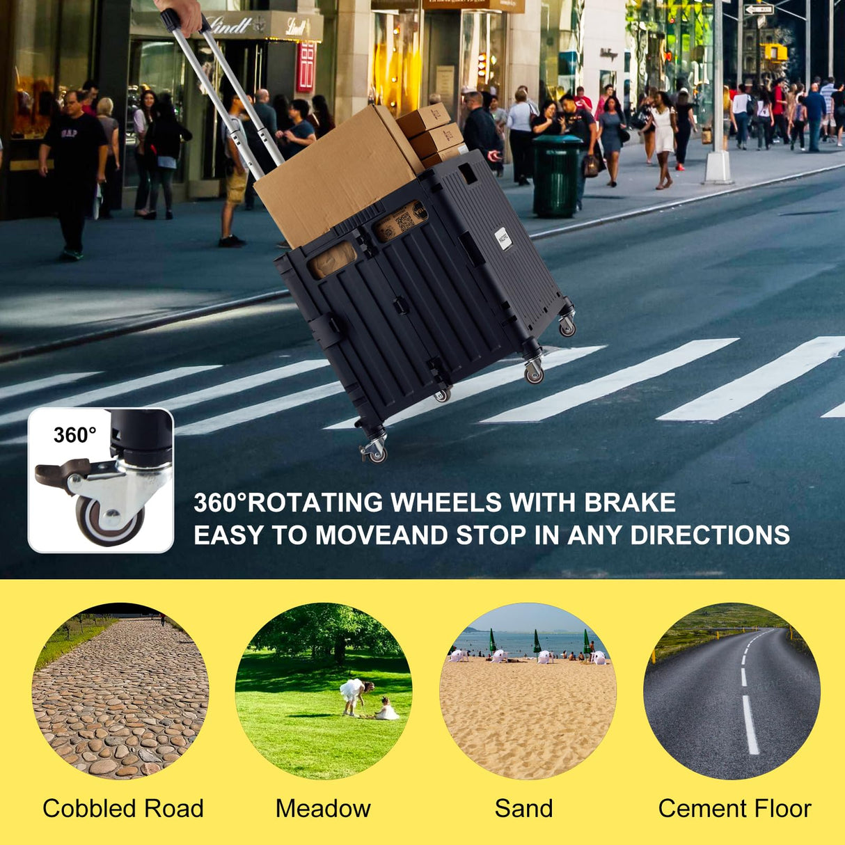 MACOPRO Folding Utility Cart Portable Rolling Crate Handcart Shopping Trolley Collapsible Tool Box, with Lid, Basket on 4 Rotate Wheels, for Grocery, Office, Luggage, Teacher (Black) MACOPRO