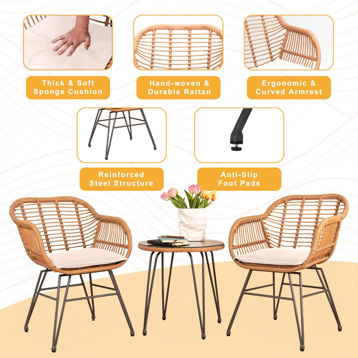 Tappio 3 Piece Outdoor Wicker Furniture Patio Bistro Set, Balcony Furniture Rattan Conversation Sets with Cushions, Wicker Patio Chairs Patio Furniture Set for Outdoor Poolside Garden, Beige Tappio