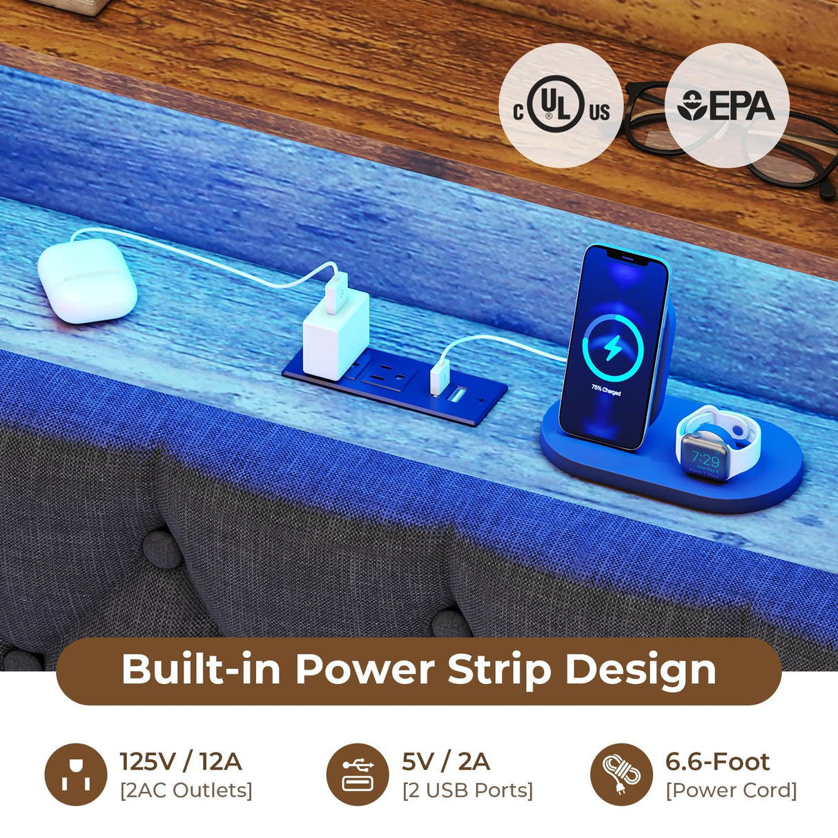 Floating Queen Bed Frame with RGB LED Headboard, USB Ports & Storage - ADORNEVE Dark Gray Upholstered Platform ADORNEVE