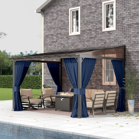 Gotland 10FTx12FT Outdoor Wall-Mounted Hardtop Pergola, Metal Frame Gazebo with Sloping Sun Panel Roof and Double Curtains for Patio, Garden, Lawn, Navy Gotland
