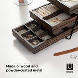 Umbra Terrace Tier Jewelry Three Sliding Linen Lined Wood Trays with Metal Frame and Handle, Easy Storage and Access, Walnut, 3 Each Umbra