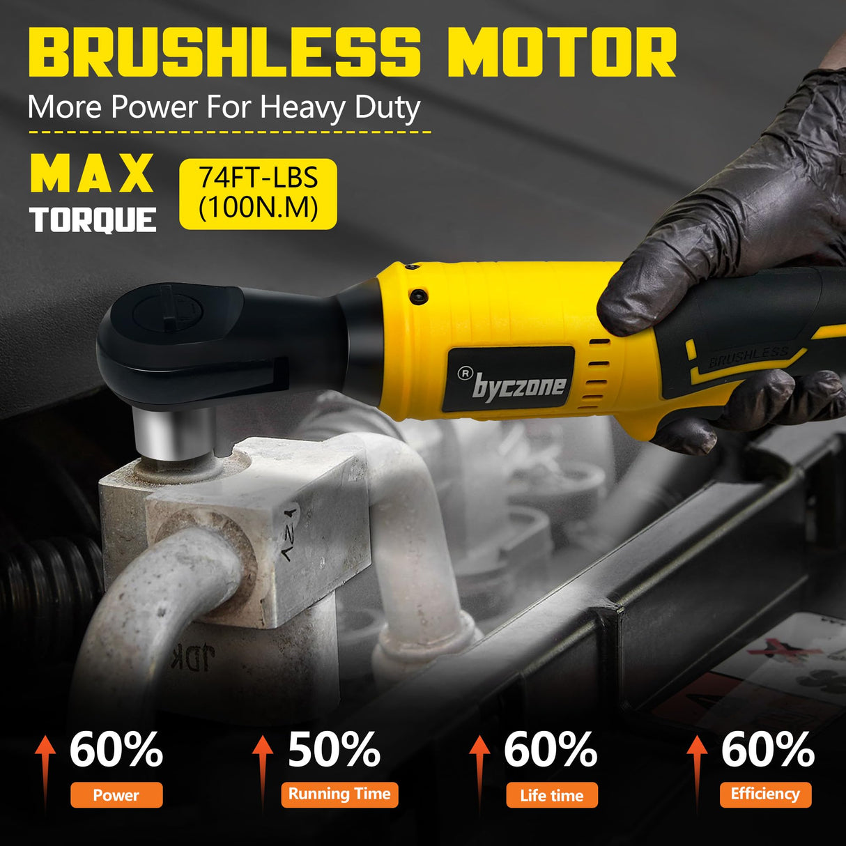 3/8" Brushless Ratchet Wrench Compatible with DEWALT 20V Battery, 74Ft-Lbs Electric Cordless Ratchet, Square Drive Wrench with Variable Speed, 1/4" Adapter, 3" Extension Bar & 7 Sockets (Tool Only) byczone