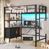 DICTAC Twin Metal Loft Bed with L-Shaped Desk, LED Lights, Charging Station, and Storage Solutions in Black DICTAC