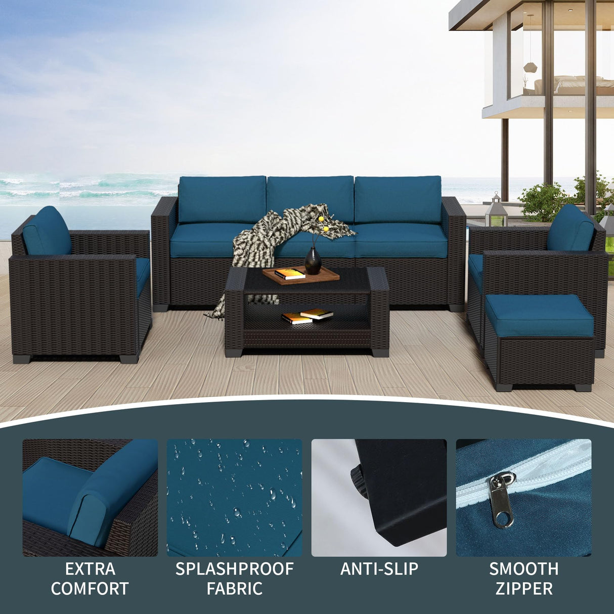 YLGJ&TIDY 7-Piece Outdoor Sectional Patio Furniture Set, All-Weather Wicker Rattan Sofa w/Thick Washable Cushions & Tempered Glass Table, Perfect for Garden, Poolside, Backyard (Darkbrown&Lake Blue) YLGJ&TIDY
