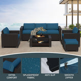 YLGJ&TIDY 7-Piece Outdoor Sectional Patio Furniture Set, All-Weather Wicker Rattan Sofa w/Thick Washable Cushions & Tempered Glass Table, Perfect for Garden, Poolside, Backyard (Darkbrown&Lake Blue) YLGJ&TIDY