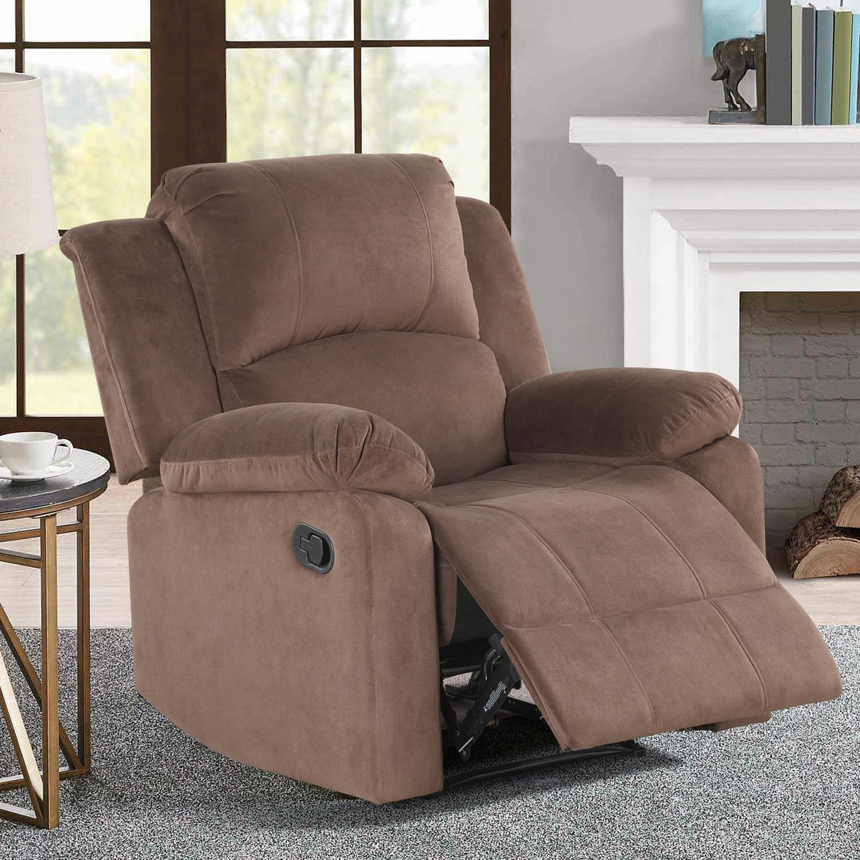 CANMOV Manual Recliner Chair, Soft Fabric Overstuffed Recliner Single Sofa Chair for Living Room Bedroom, Heavy Duty and Safety Reclining Mechanism, Light Brown CANMOV