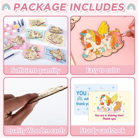 24 Set Unicorn Happy Birthday Party Favors Cards with Wood Painting Crafts Unicorn Coloring Party Supplies Unicorns Wooden Arts and Crafts Tables Centerpieces for Baby Shower Decorations Justforjoyful