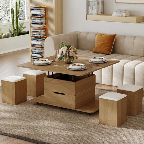 homary Natural Lift Top Coffee Table with Hidden Storage, 3 in 1 Multi-Function Modern Folding Center Table with 4 Stools and Casters homary