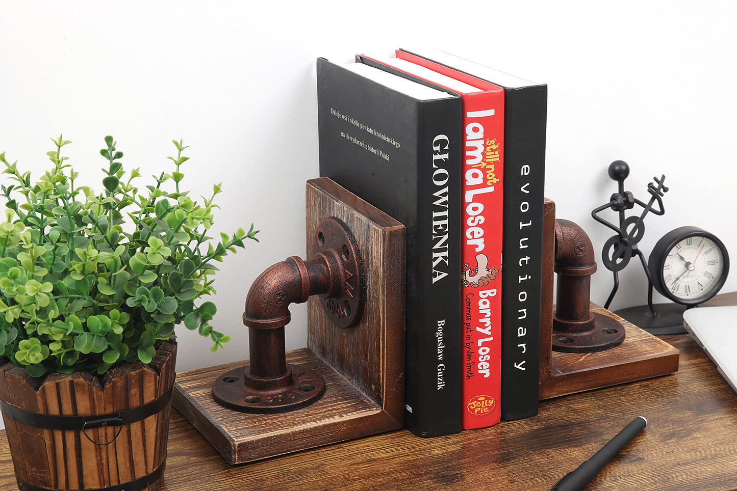 HOEMLIM Book Ends Wood Tabletop Bookends Rustic Industrial Decor, Heavy Duty Bookend Support for Books and Movies 1 Pair(Red Bronze)