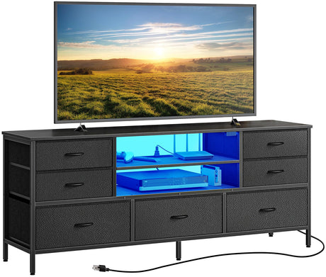 Huuger Dresser for Bedroom With Power Outlets and LED Lights, 7 Drawers TV Stand for 60 Inch TV, Console With Open Shelf, 55 Inches Wide Black, PU Leather Huuger