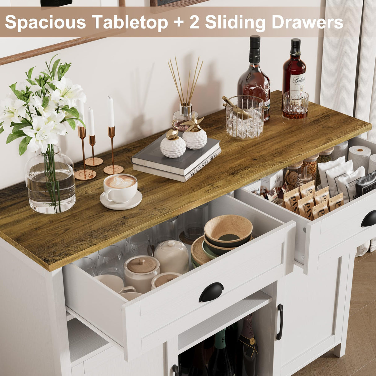 Vividwood 47.2" Modern Farmhouse Wine Bar Cabinet with Wine & Glass Rack, 2 Drawers Buffet Sideboard Storage for Kitchen, Living Room, Dining Room - Coffee & Liquor Station Cabinet (White) Vividwood