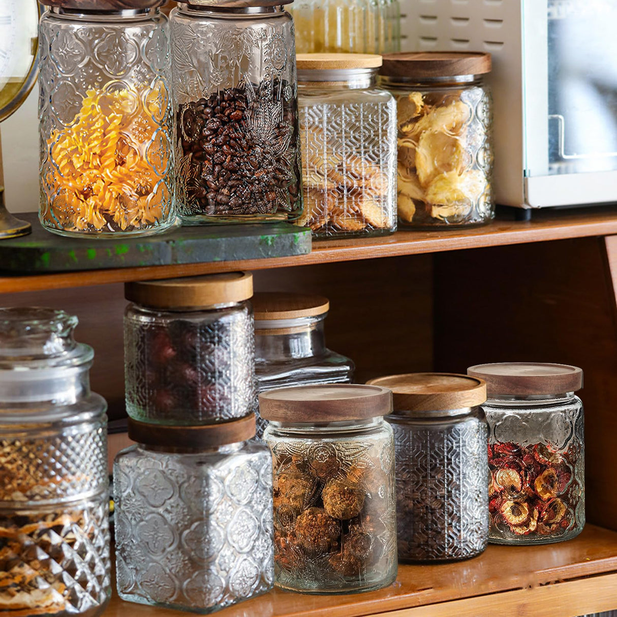 24 OZ/4 PCS Glass Storage Jar with Airtight Bamboo Wooden Lids, Vintage Food Containers Canisters Sets for Kitchen Counter Pantry, Sugar, Flour, Candy, Tea, Coffee Beans, Oats, Grain Bin, Pasta, YUTGSMPO