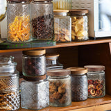 24 OZ/4 PCS Glass Storage Jar with Airtight Bamboo Wooden Lids, Vintage Food Containers Canisters Sets for Kitchen Counter Pantry, Sugar, Flour, Candy, Tea, Coffee Beans, Oats, Grain Bin, Pasta, YUTGSMPO