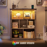 EnHomee 7 Cube Bookshelf Cubby Storage Organizer with LED Lights and Charging Station, Wood Shelf Display Cabinet for Bedroom, Living Room, Office Black Oak EnHomee