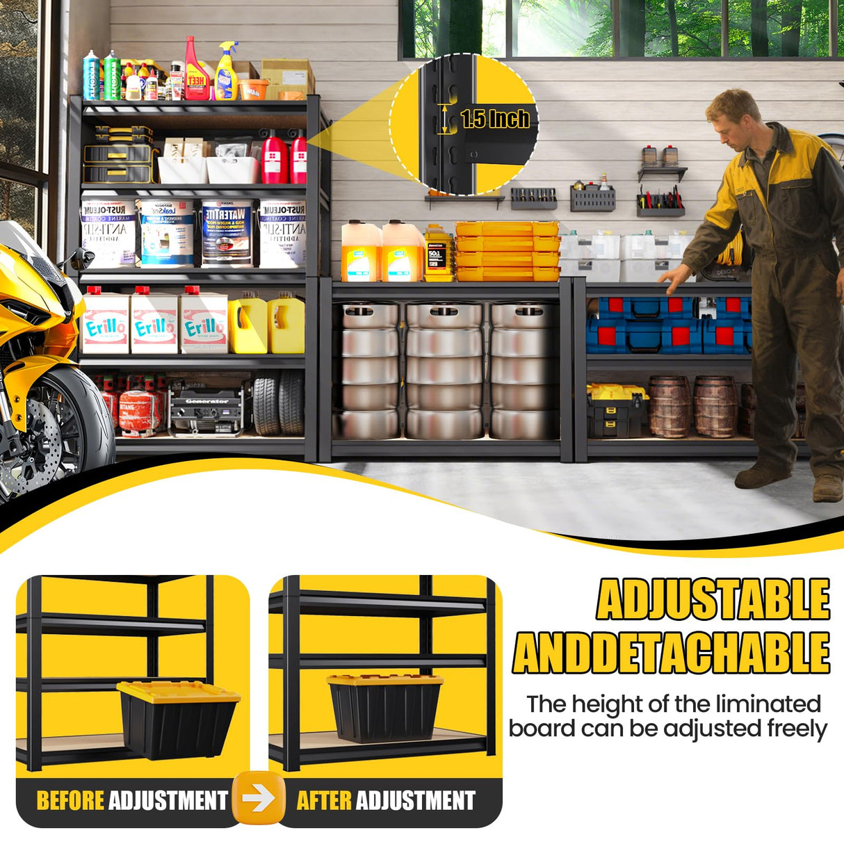 72”H*46”W Garage Shelving Heavy Duty, Adjustable Garage Shelves, 2500LBS Storage Shelves, 5-Tier Metal Shelving Units, Easy Assembly Wood Shelves, Utility Storage Rack Shelf for Warehouse,2 Pack CVGFDR