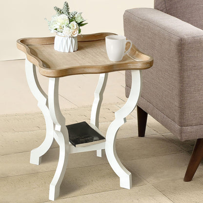COVLON Farmhouse End Table, Wood Square Side Table, 2 Tiers Accent Table for Family, Living Room or Small Spaces, Concave Legs, White and Brown