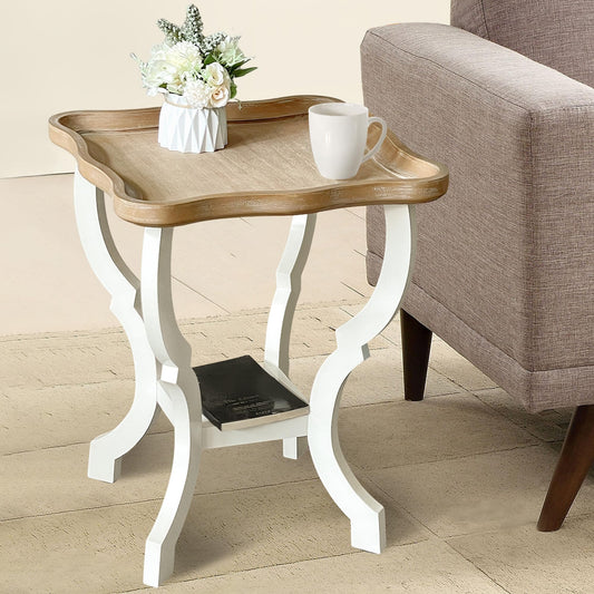 COVLON Farmhouse End Table, Wood Square Side Table, 2 Tiers Accent Table for Family, Living Room or Small Spaces, Concave Legs, White and Brown - WoodArtSupply