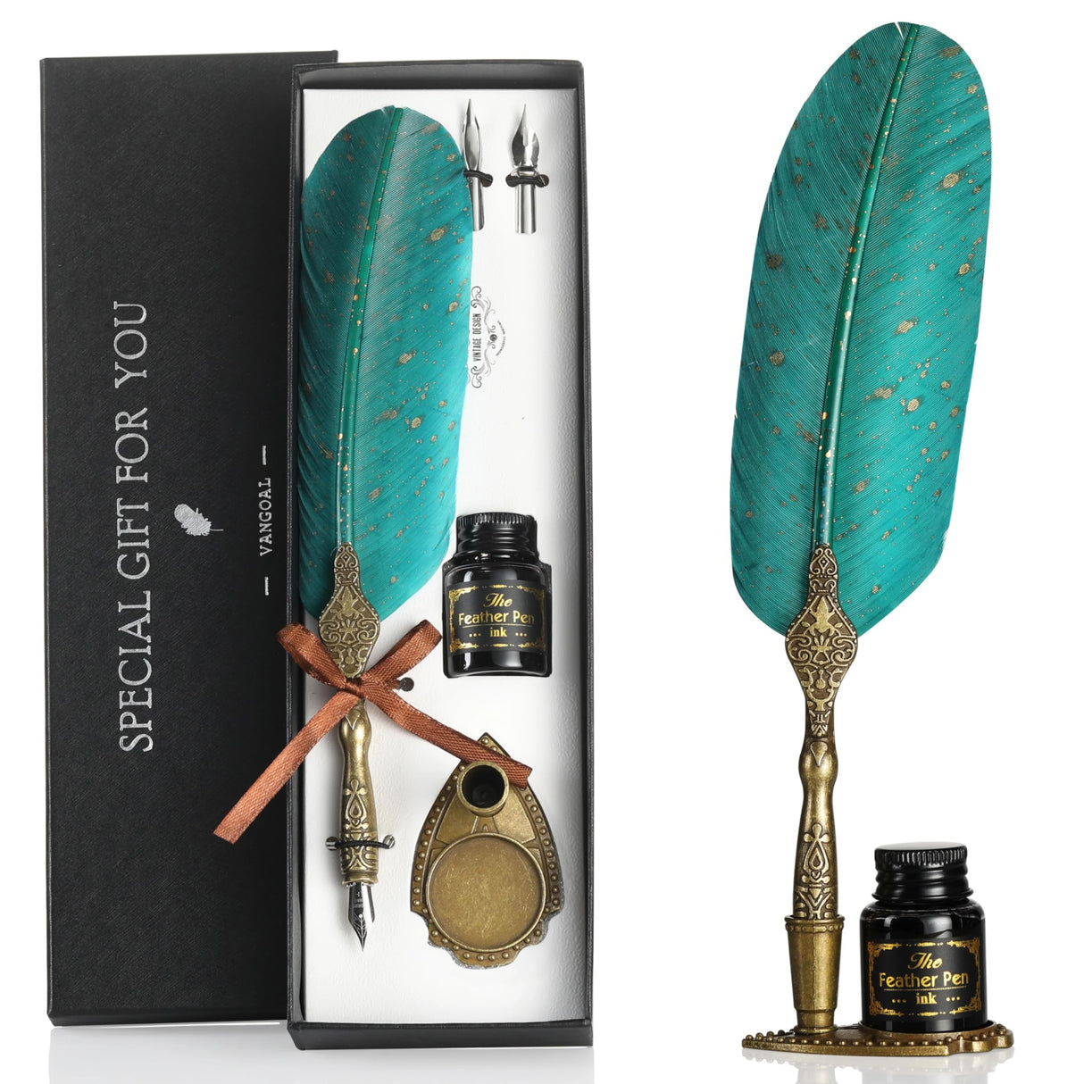 VANGOAL Vintage Green Feather Pen and Ink Set, Classic Series Goose Quill Pen with Carving Pen Stand, Calligraphy Pen Nibs, Black Dip Pen Ink, Antique Writing Gift for Writer VANGOAL