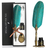 VANGOAL Vintage Green Feather Pen and Ink Set, Classic Series Goose Quill Pen with Carving Pen Stand, Calligraphy Pen Nibs, Black Dip Pen Ink, Antique Writing Gift for Writer VANGOAL