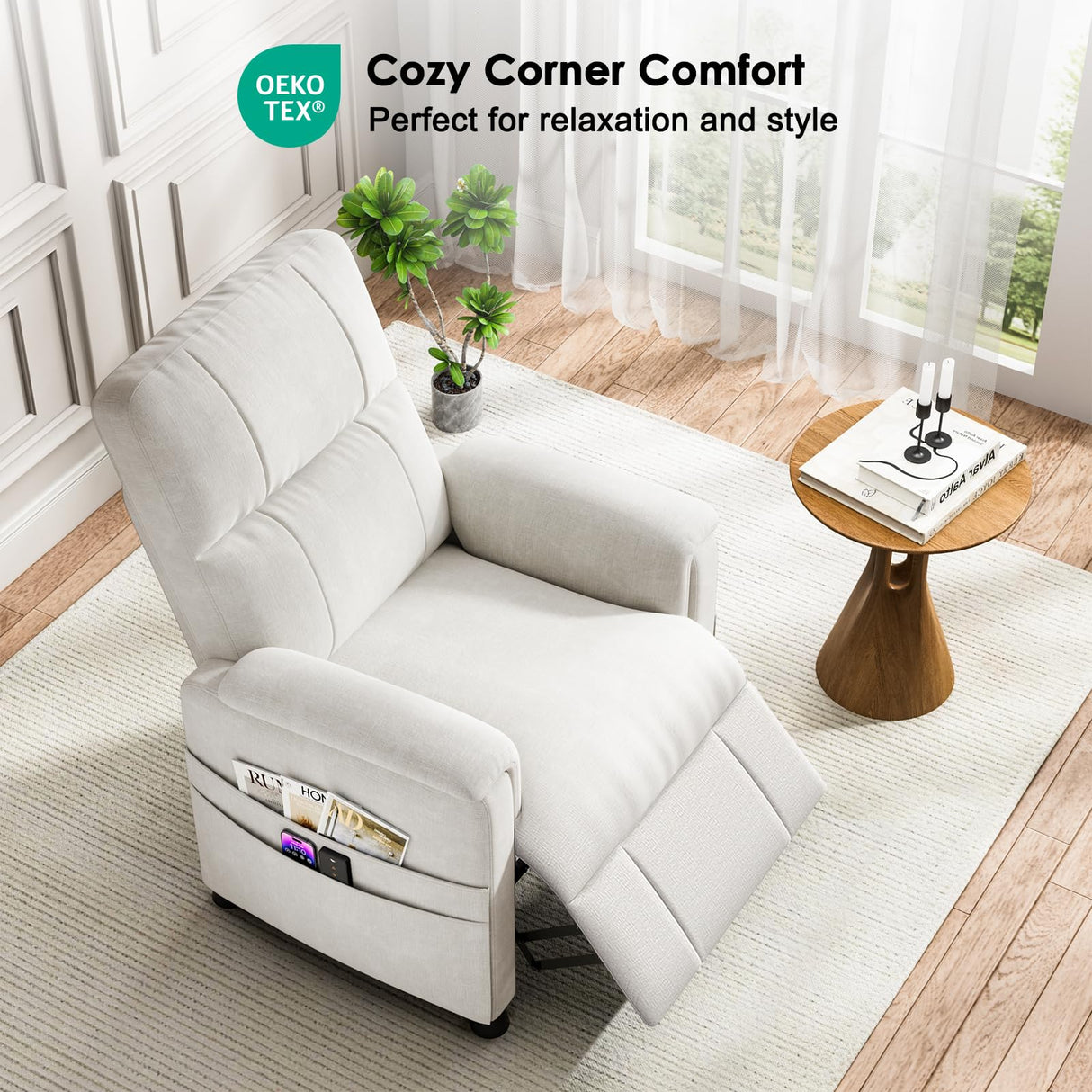 Amada Power Recliner Chair for Adults, Chenille Electric Reclining Chair for Small Spaces with Remote & Side Pockets, Thick Seat Cushion for Home Theater, RV, Living Room & Bedroom (White) AMADA HOMEFURNISHING