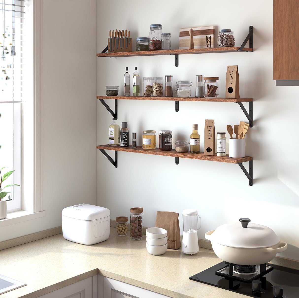 Heimlove Floating Shelves for Wall, 36 Inch Long Wood Floating Bookshelf Set of 3, Wall Mounted Hanging Shelf for Bathroom Bedroom Kitchen, Rustic Brown Heimlove