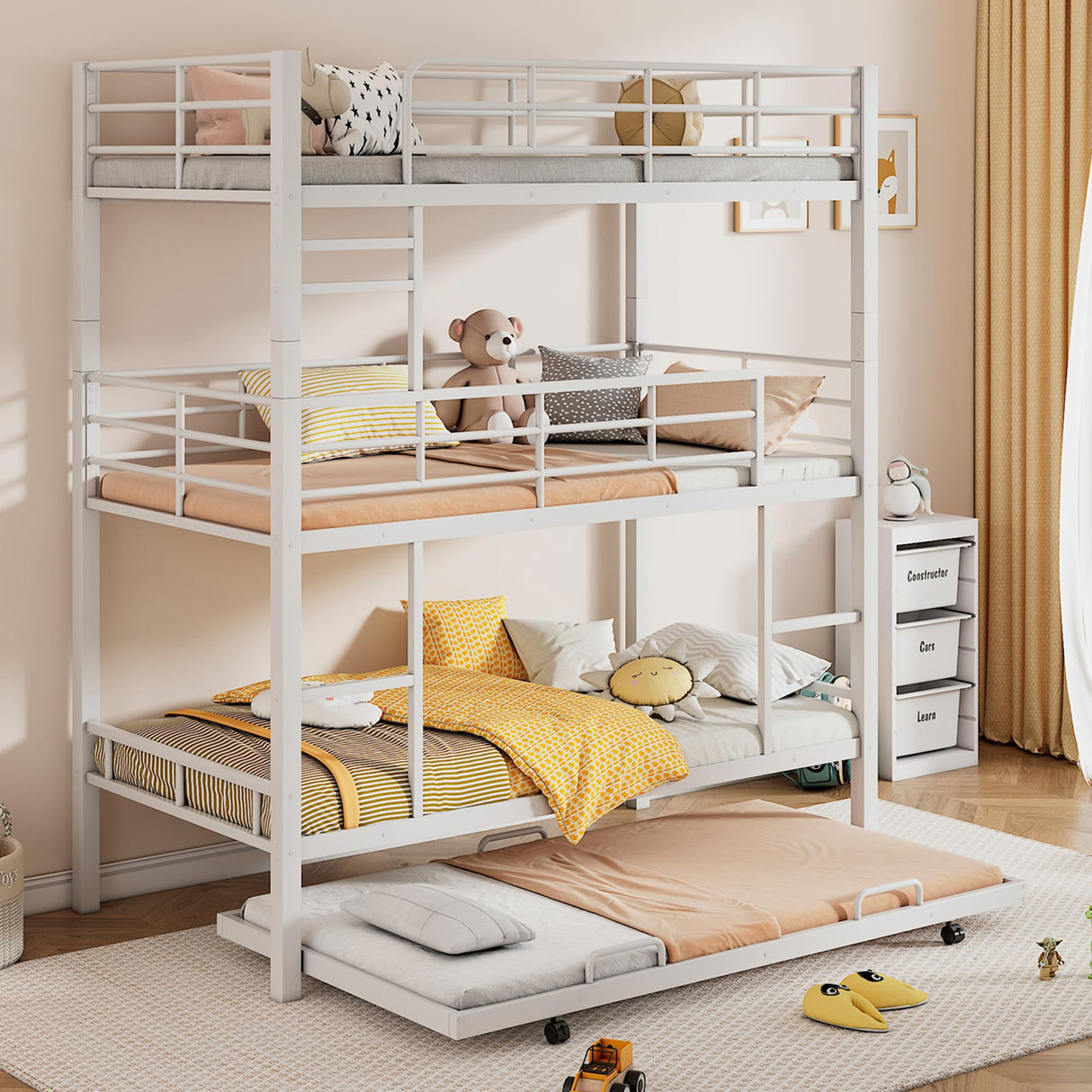 Harper & Bright Designs White Triple Bunk Bed with Trundle, Twin Over Twin Bunk Beds, Metal Quad Bunk Beds, 3 Bunk Beds with 2 Ladders & Guardrails, Convertible Heavy Duty Steel Frame Harper & Bright Designs