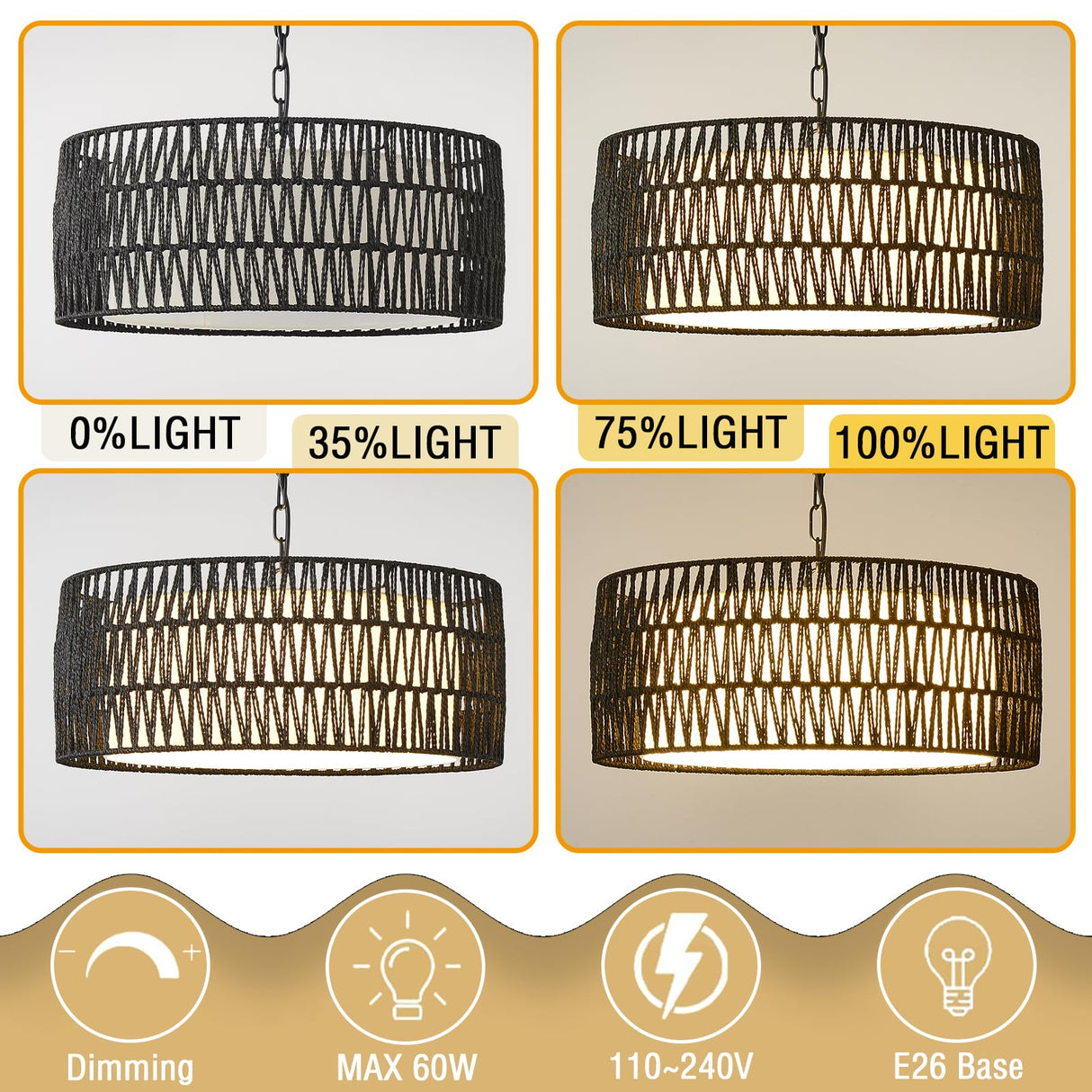 Farmhouse Rattan Chandelier Light Fixture, Black boho Pendant Light Hand Woven Chandeliers for Dining Room with Fabric Shade, Large Wicker Coastal Pendant Light for Kitchen Bedroom Island Hallway JTYP