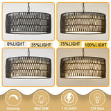 Farmhouse Rattan Chandelier Light Fixture, Black boho Pendant Light Hand Woven Chandeliers for Dining Room with Fabric Shade, Large Wicker Coastal Pendant Light for Kitchen Bedroom Island Hallway JTYP