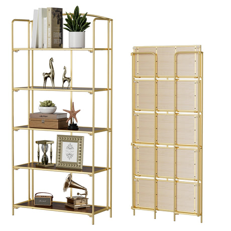 Crofy No Assembly Folding Bookshelf for Living Room, 5 Tier Gold Collapsible Book Shelf for Home Office, Portable Bookcase Storage Organizer Crofy