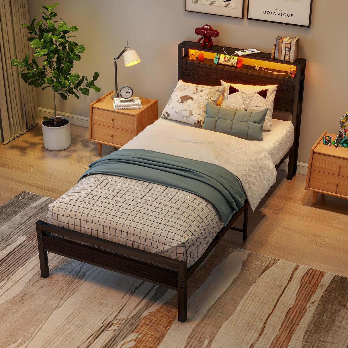 BOFENG Black Twin Bed Frame with Wood Headboard Storage,USB Charging Station/LED Lights,Metal Single Platform Bed Frame Twin Size No Box Spring Needed,Heavy Duty Metal Slats,Mattress Base,Noise Free BOFENG