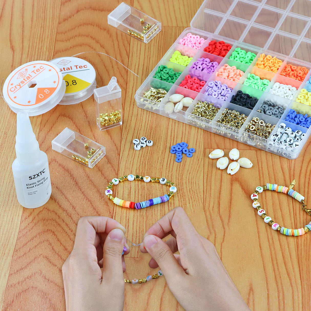 2 Pcs Clay Beads Bracelets Professional Elastic String Kont Fixing Drip, Keep Stretch String Braclet Stay Tied for Flat Round Polymer Heishi Beads Spacer Charm Friendship Jewelry Making Kit SZXTC