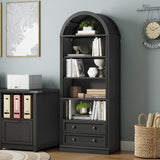RALGEND Farmhouse Arched Bookshelf, 7 Tiers Arch Bookcase with 2 Spacious Drawers, Modern Book Shelf with Open Display Shelves and Storage Cabinet, for Office, Living Room, Kitchen, Black RALGEND