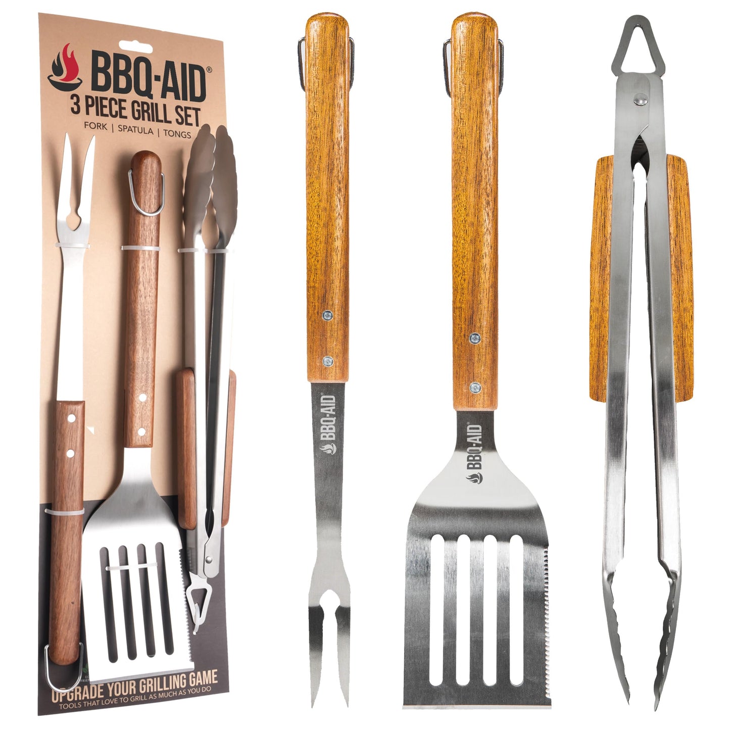 BBQ-AID 3 Piece Grill Set BBQ Accessories - Kitchen Tongs, Metal Spatula & Fork Utensils - Heavy Duty Stainless Steel Barbecue Grill Utensils for Outdoor Grill with Solid Sturdy Wood Handles