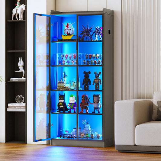 MDGC 65" Display Cabinet with Acrylic Glass Door,LED Bookcase with Human Sensor 3-Color Lights,5-Tier Curio Storage Cabinet with Adjustable Shelf for Collectibles,Bedroom,Living Room,Office