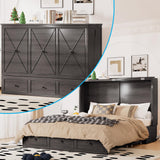 Mjkone Murphy Bed Queen, Cabinet Beds with Mattress and Built-in Charging Station, Wood Murphy Hidden Adult Guest Bed with 2 Storage Drawers, Cabinet Chest Beds for Guest Room Bedroom Home - Grey Mjkone