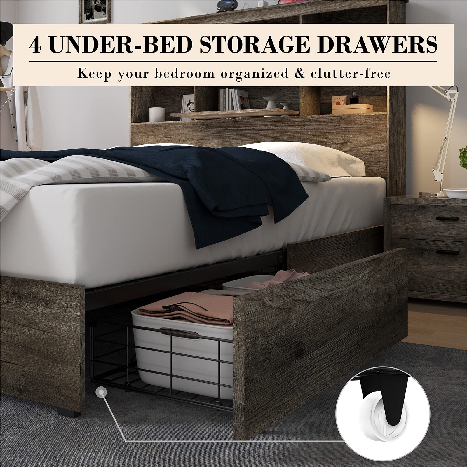 AMERLIFE King Size Wooden Platform Bed with Storage LED Bookcase Headboard and Charging Station, Rustic Grey - WoodArtSupply