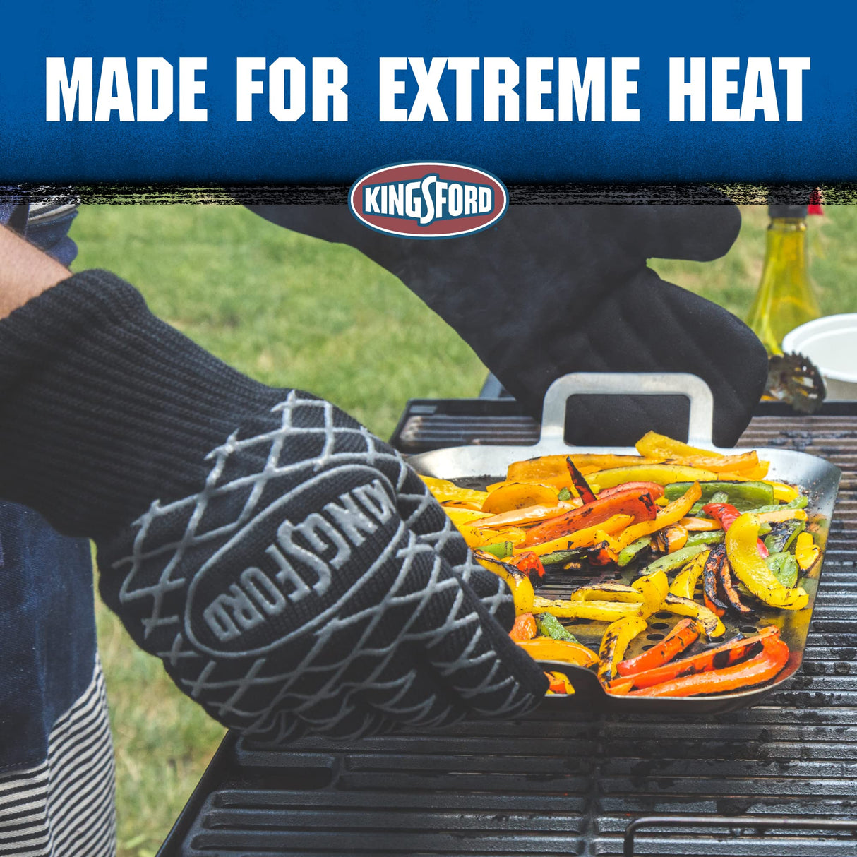 Kingsford Extreme Heat BBQ Grill Gloves, 2 Count | Heat Resistant Barbecue Gloves | The Ultimate Heat Barrier Silicone Grilling Gloves with Anti-Slip Safe Grip, Black, 1 Size Fits All Kingsford
