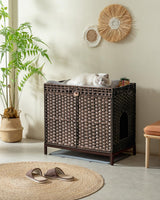 SETVSON Cat Litter Box Enclosure Furniture, Hidden Handwoven Rattan Litter Box with Mat, Large Cat House with Metal Heightened Feet, 30.3 x 18.3 x 28 Inches, Indoor for Living Room, Bedroom Brown SETVSON
