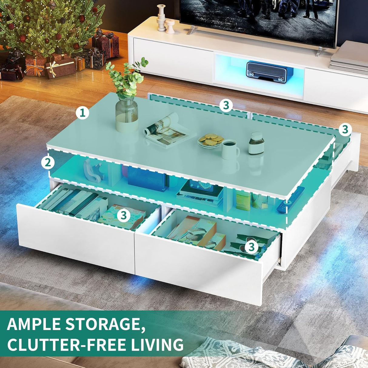 YITAHOME LED Coffee Tables for Living Room, High Glossy Coffee Table with Storage 4 Sliding Drawers, Small Rectangular LED Coffee Table Center Table with Open Display Shelf, Glossy White YITAHOME