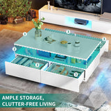 YITAHOME LED Coffee Tables for Living Room, High Glossy Coffee Table with Storage 4 Sliding Drawers, Small Rectangular LED Coffee Table Center Table with Open Display Shelf, Glossy White YITAHOME