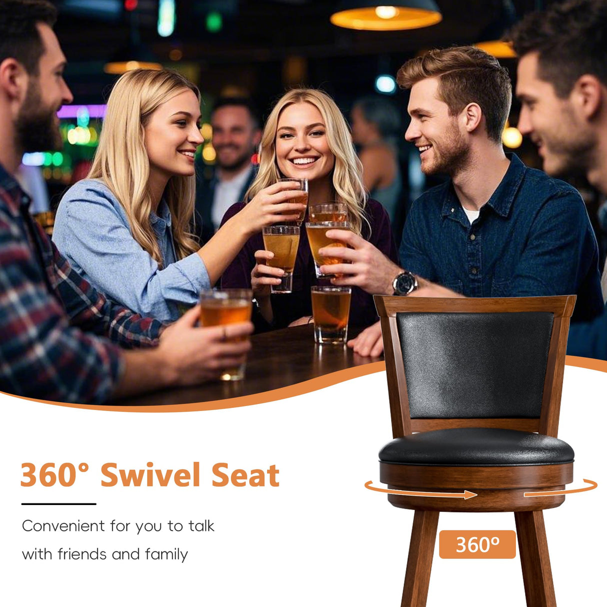 Swivel Bar Stools Set of 2, 24" Counter Height Swivel Barstools with Back & Faux Leather Upholstered Seat, Island Chairs with Solid Wood Legs & Footrest for Kitchen, Dining Room, Pub (Brown) Buytime