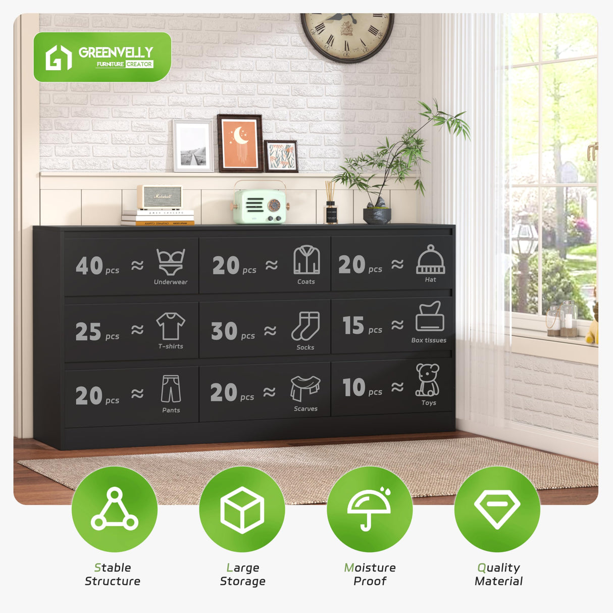 Greenvelly Black 9 Drawer Dresser, Modern Long 9 Drawer Dresser, Wood Dresser with 9 Large Drawers for Bedroom, Wooden Dressers & Chests of Drawers with Smooth Metal Rail for Nursery, Women, Family Greenvelly