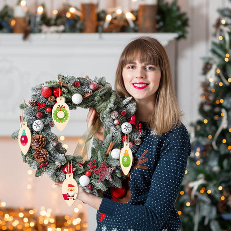 50 Pcs Christmas Unfinished Wooden Light Bulb Wooden Slices Blank Christmas Wooden Hanging Decorations with Rope Unfinished Predrilled Wooden Discs for Christmas Crafts DIY Decoration (Wood Color) Queekay