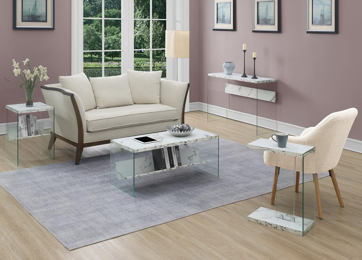 Convenience Concepts SoHo Glass Modern Living Storage Shelf, Contemporary Coffee Table for Family Room, 40", Faux White Marble Convenience Concepts
