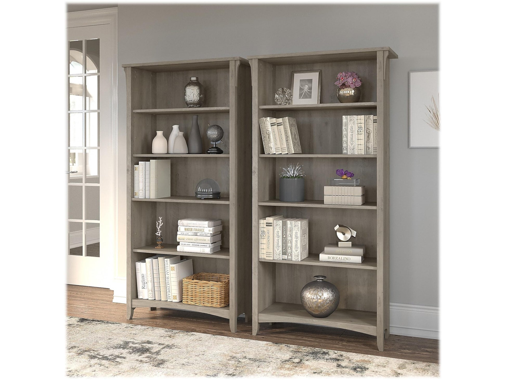 Bush Furniture Salinas 5 Shelf Tall Bookcase Set of 2 - Driftwood Gray - WoodArtSupply