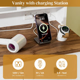 CLLASOU Farmhouse Makeup Vanity Desk with Sliding Mirror and Lights, Vanity Table with 2 Drawers & Shelves, Rustic Vanity Set with Lights Adjustable Brightness for Bedroom, White CLLASOU