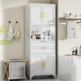 ZLBRDS 75” Tall Kitchen Pantry Storage Cabinet, Metal Storage Cabinet with 2 Drawers and Adjustable Shelves, Bathroom Storage Cabinet with Open Compartments, Freestanding Cupboard for Kitchen (White) ZLBRDS