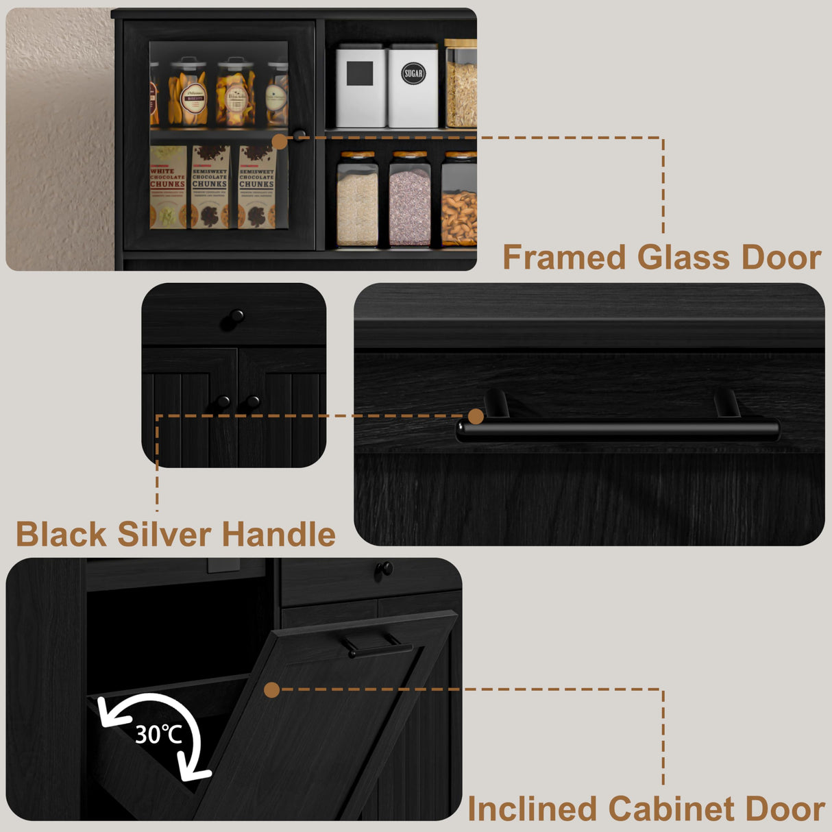 OLD CAPTAIN Tilt Out Trash Cabinet with Deodorising Function, Kitchen Hutch with Microwave Shelf and Drawer, Kitchen Pantry with Trash Cabinet for 10 Gallons, Black OLD CAPTAIN