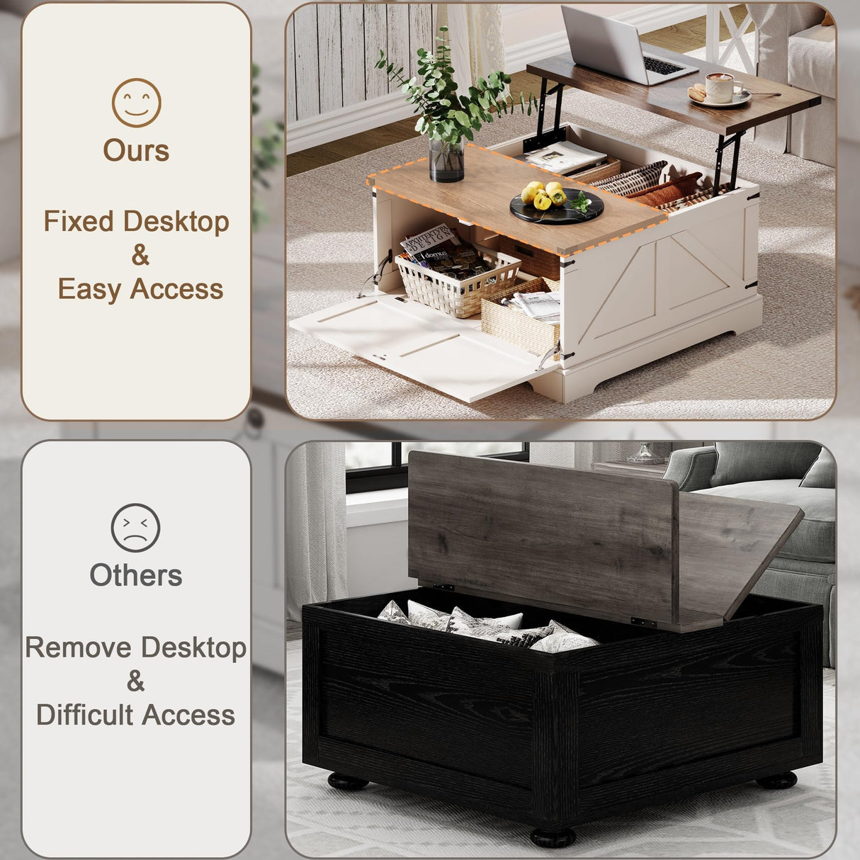 ChooChoo Farmhouse Coffee Table with Hidden Storage, Large Square Center Coffee Table with Lifting Top and Flip Drawer, Wood Rustic Cocktail Coffee Table for Living Room, Soft White ChooChoo