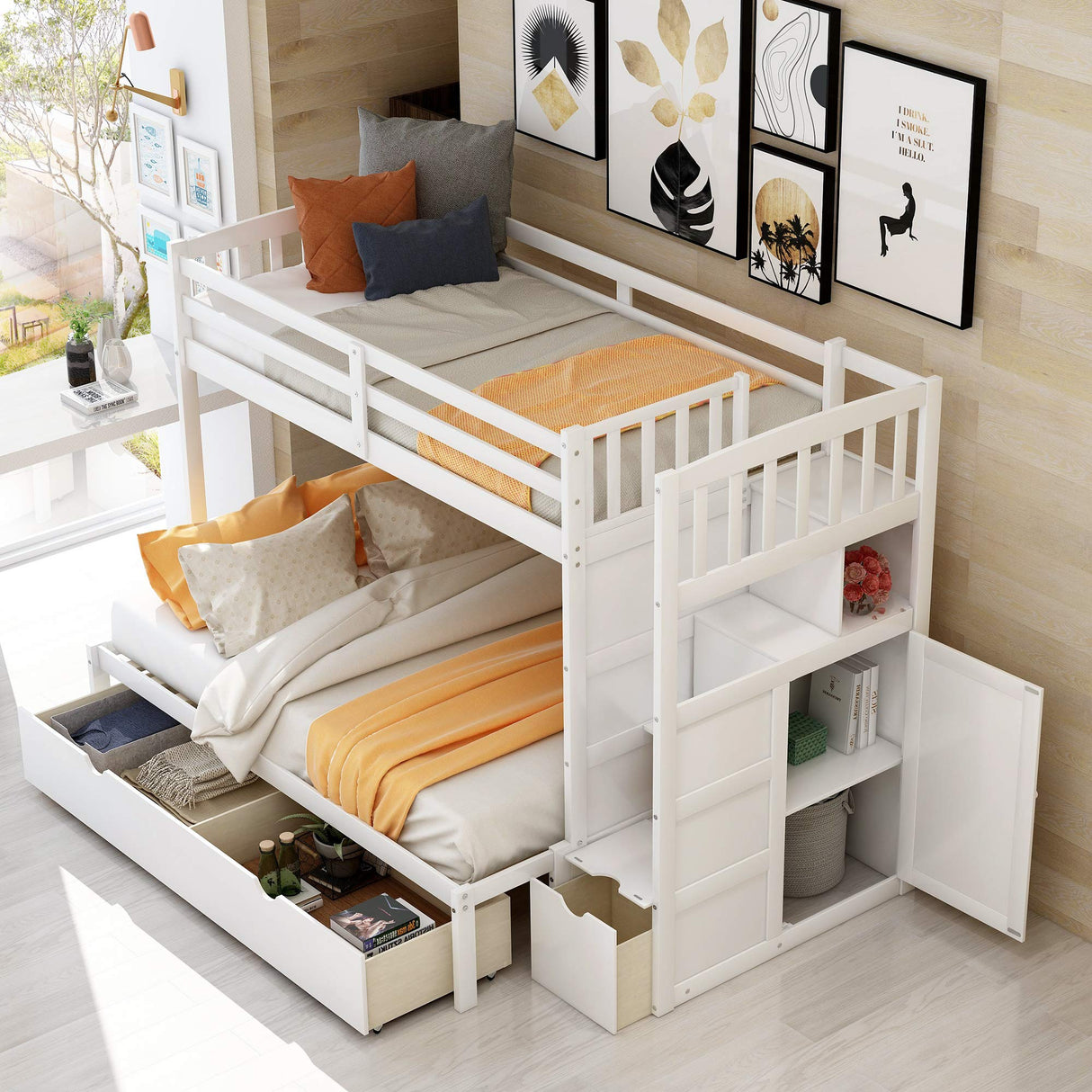 Merax Twin Over Full/Twin Wood Bunk Bed with Storage Shelves and Drawers, Wooden Convertible Bed Frame for Bedroom, No Spring Box Needed, White Merax